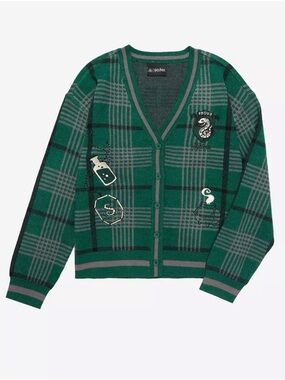 WWOHP Harry Potter Slytherin Green and Gray Knit Cardigan w/ Patches - Rare